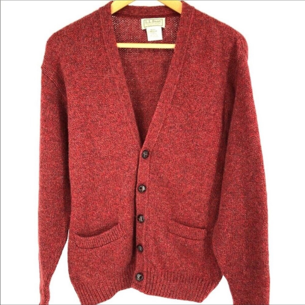 LL Bean Mens vtg Cardigan V Neck Sweater Red Med